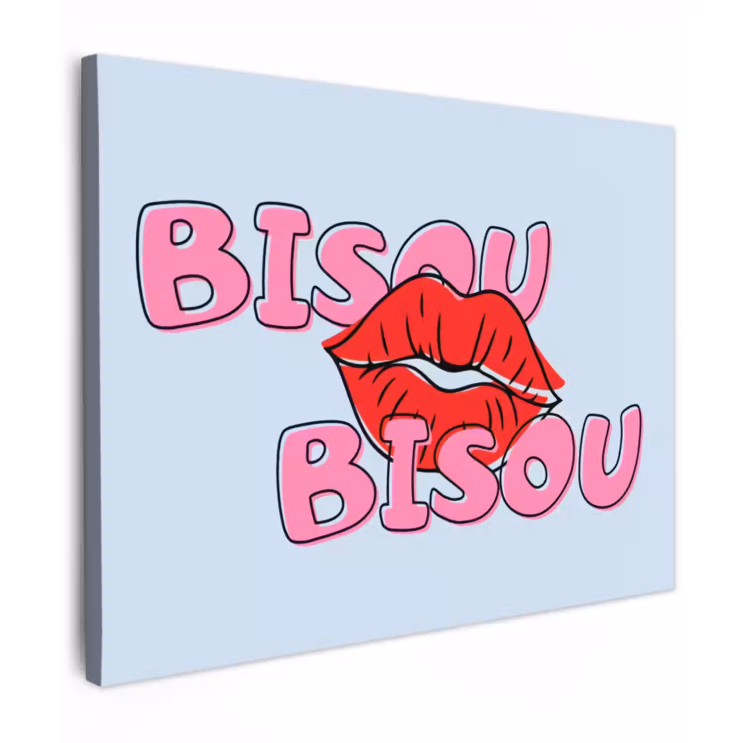 Canvas schilderij - Bisou - Blauw - Roze - Lippen