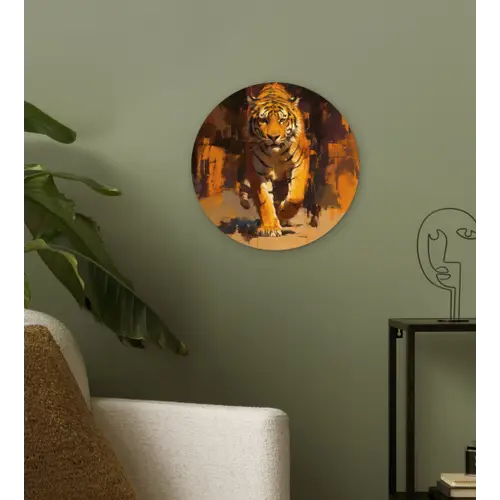 Tijger - Geschilderd - Oranje - Penseelstreken Wandcirkel kunststof plaat 5mm dik klein -sfeer3