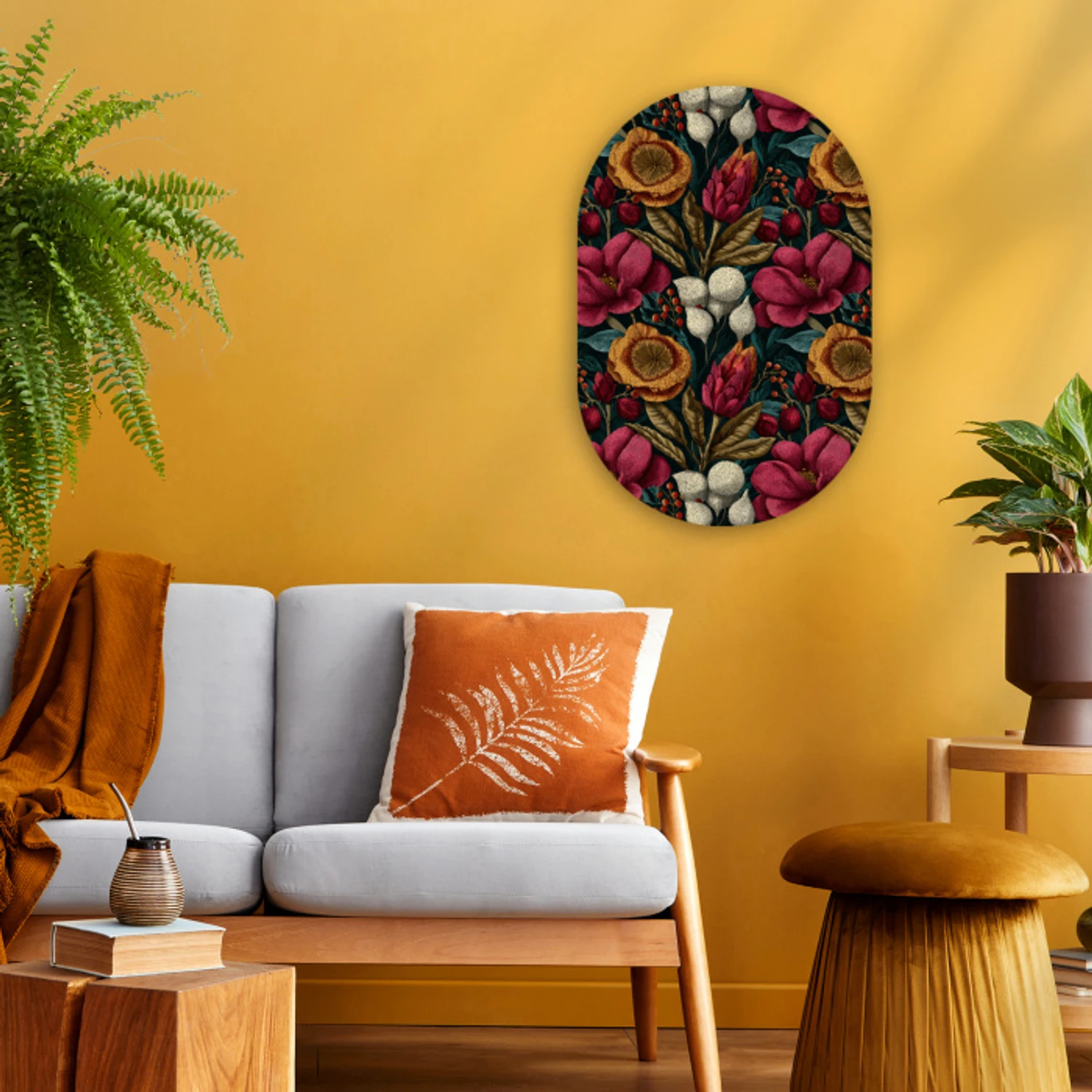Bloemen - Patroon - Rood - Goud Wandcirkel Ovaal Forex klein 630 -sfeer4