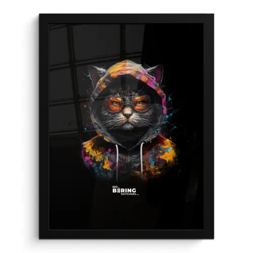 Kat met kleurrijk vest en oranje bril fotolijst zwart zonder passe partout klein -3d