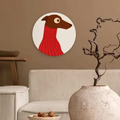 Silhouet - Hond - Trui - Rood Wandcirkel kunststof plaat 5mm dik klein -sfeer1