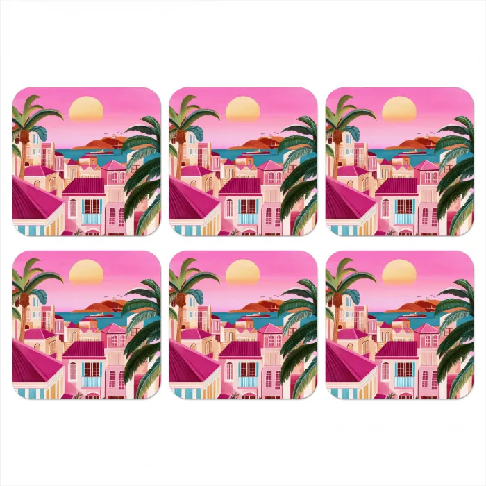 Stad - Roze - Palmbomen onderzetter kurk middel -3d