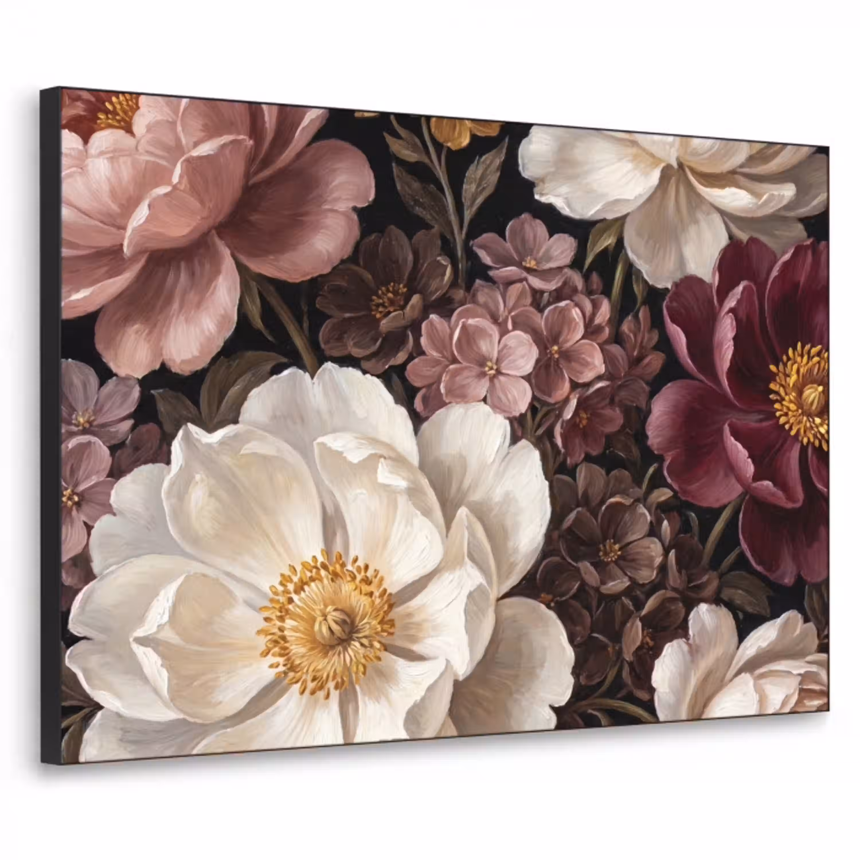 Bloemen - Boeket - Klassiek - Donker - Rood Textielframe zwart klein -3d