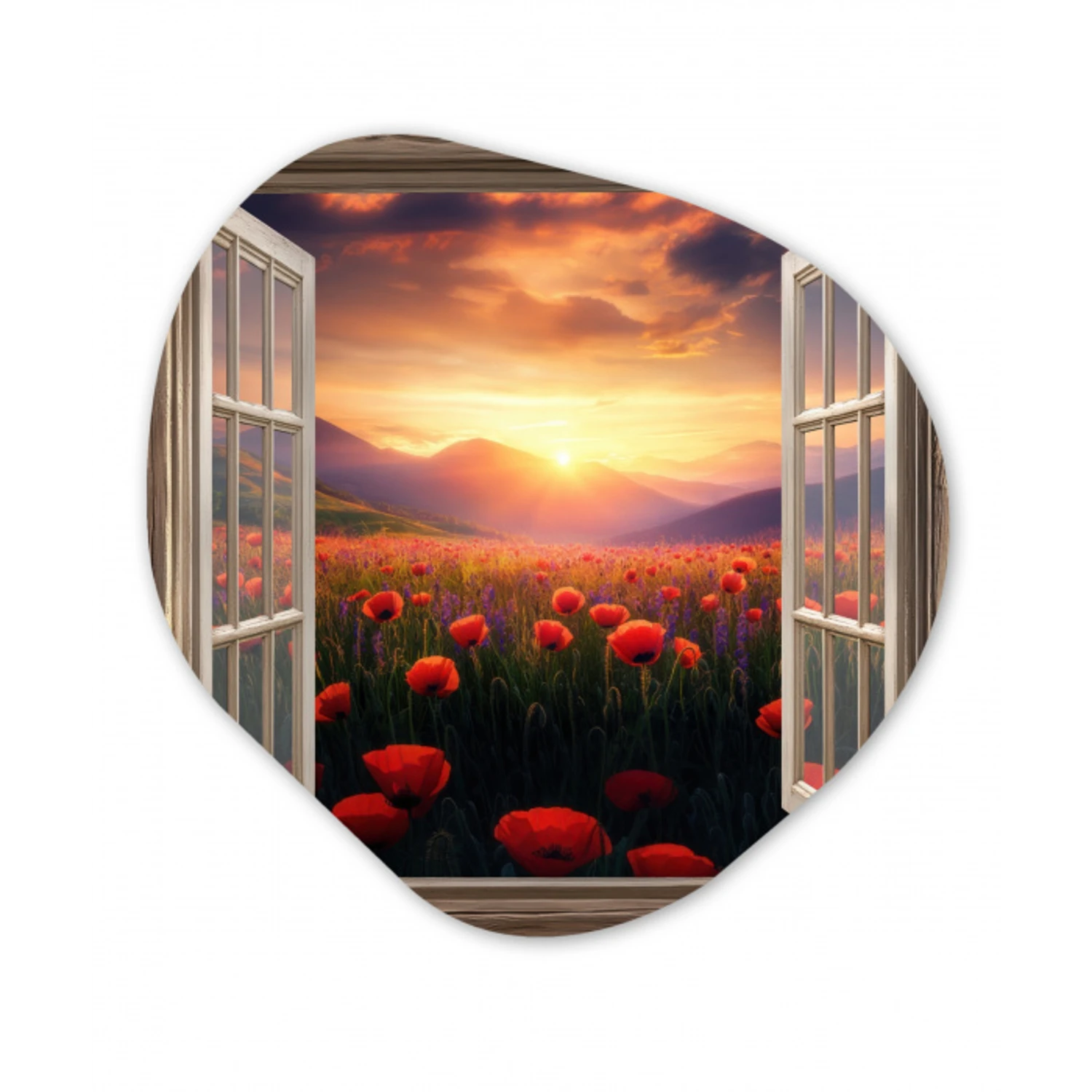 Doorkijk - Klaprozen - Bloemen - Rood - Open raam Wandcirkel Organisch Aluminium middel -3d