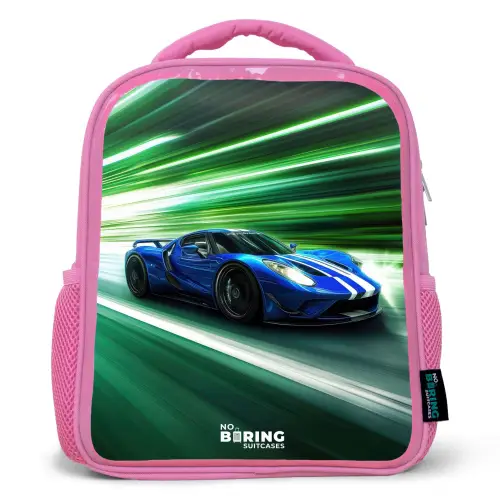 Blauwe raceauto met strepen in groene tunnel Kinderrugzak - Roze middel -3d