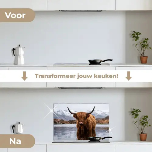 Schotse hooglander - Bruin - Water keuken achterwand spatscherm klein -voor_na_NL