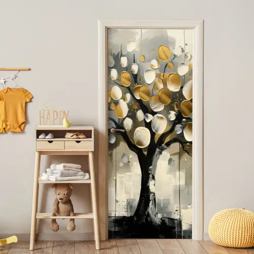 Boom - Abstract - Beige - Goud - Zwart deurposter klein -sfeer4