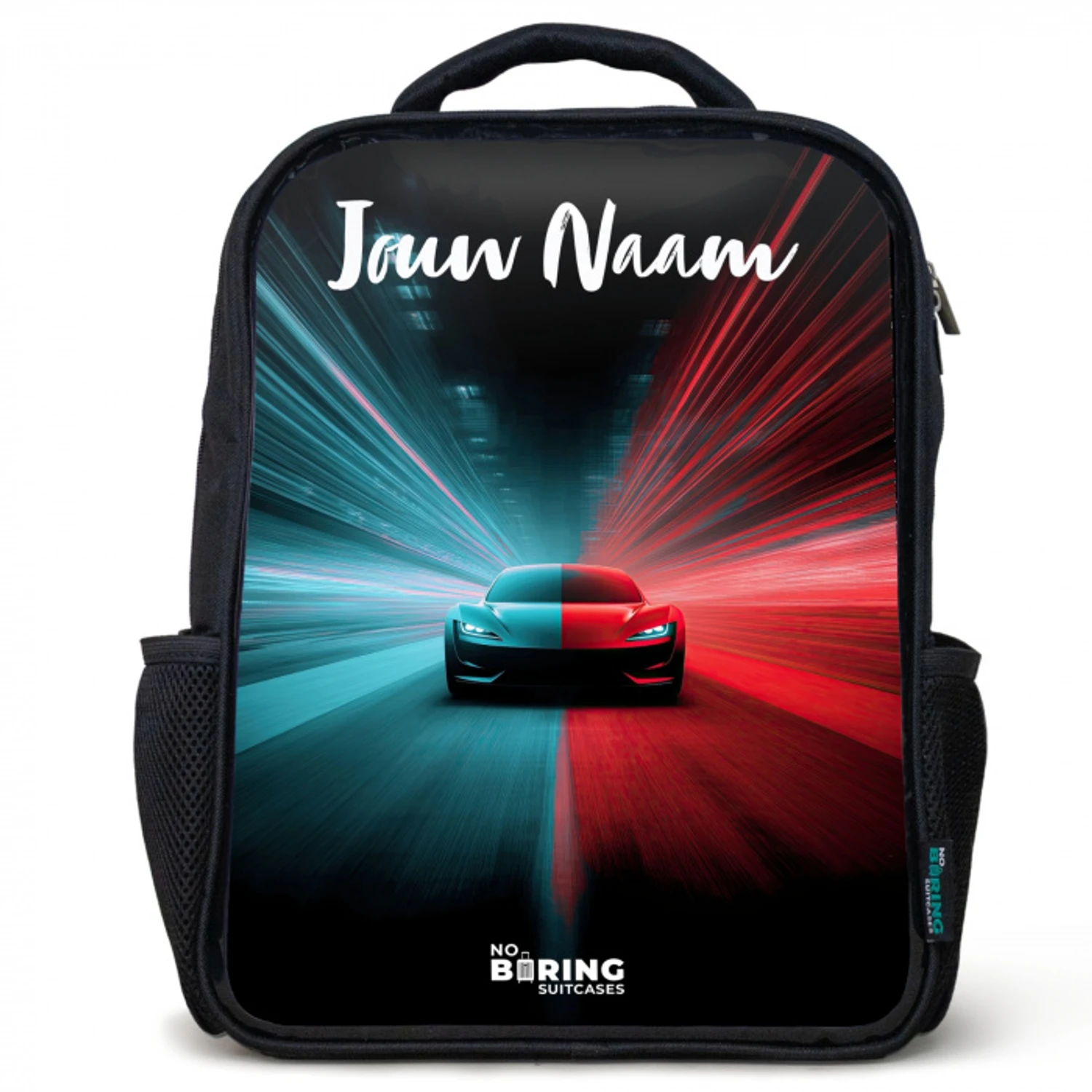 Sportauto - Blauw - Neon - Stad Rugzak - Zwart middel -3d
