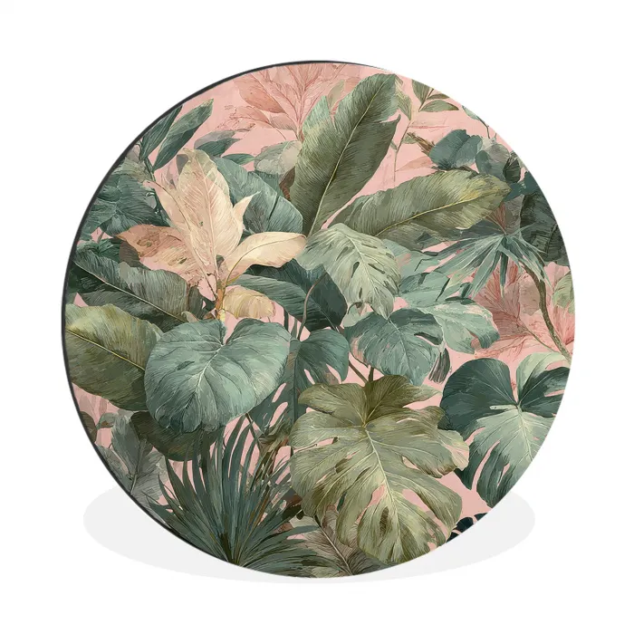 Compositie van bladeren - Groen - Roze Wandcirkel aluminium klein -3d