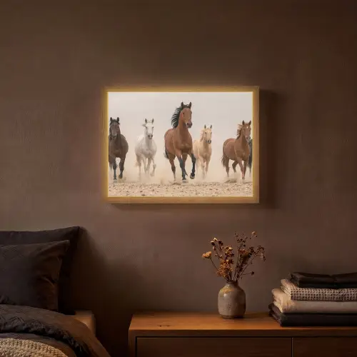 Kudde paarden - Stofwolk - Bruin - Zwart Light Box met batterij (Wandlamp) middel -sfeer4