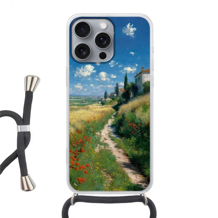 Zandpad - Huis - Bomen - Grasveld Hoesje iPhone 16 Pro Max met koord klein -3d