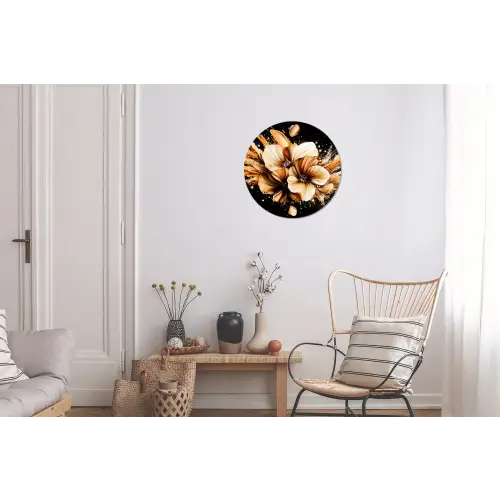 Bloemen - Goud - Graffiti - Zwart - Abstract Wandcirkel aluminium klein -woonkamer