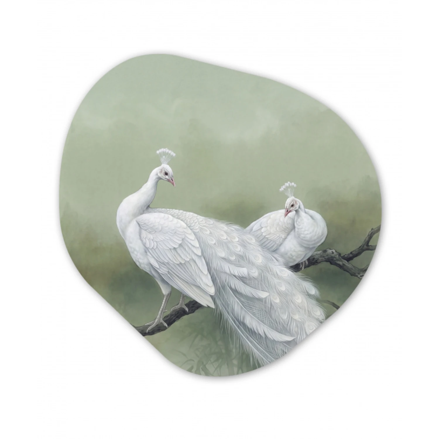 Pauwen - Wit - Natuur - Groen Wandcirkel Organisch Aluminium middel -3d