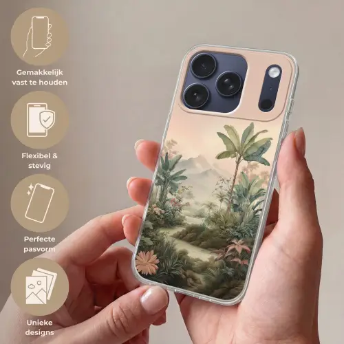 Tropisch landschap - palmbomen - Bloemen - Roze lucht Telefoonhoesje iPhone 17 Pro klein -sfeer3_NL