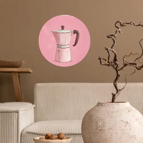 Roze - Mokkapot - Illustratie - Koffie Wandcirkel behangsticker klein -sfeer1