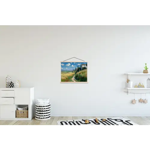 Zandpad - Huis - Bomen - Grasveld textielposter latten blank klein -kinderkamer