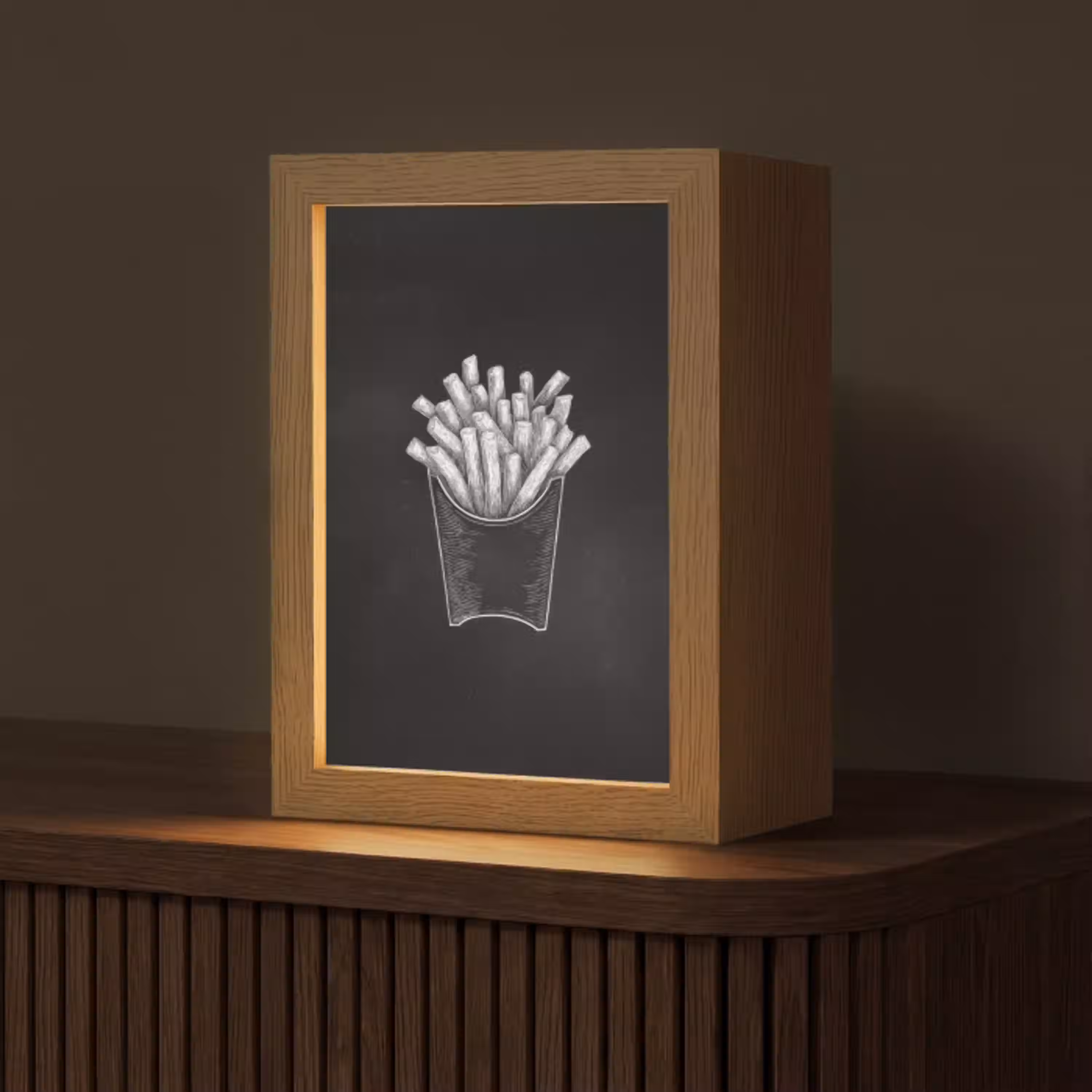 Friet - Witte krijttekening - Zwart Light Box met kabel (Tafellamp) klein -z3d_website