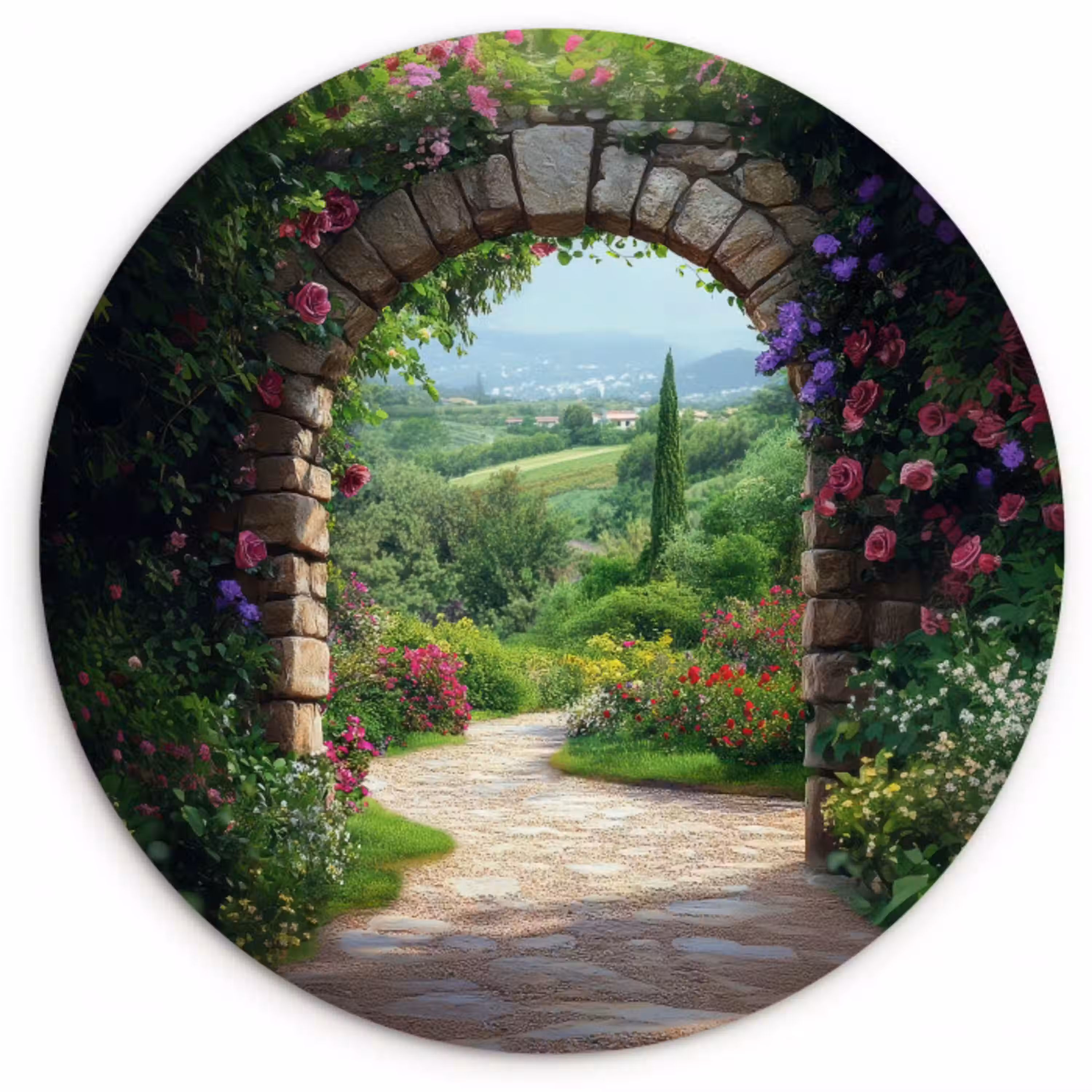 Doorkijk - Landschap - Bloemen - Pad - Uitzicht Wandcirkel plexiglas klein -3d