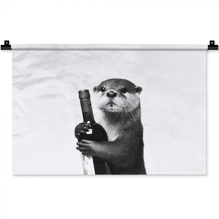 Wijnfles - Otter - Zwart Wandkleed katoen klein -zz3d