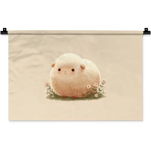 Schaap - Beige - Bloemen Wandkleed katoen klein -zz3d