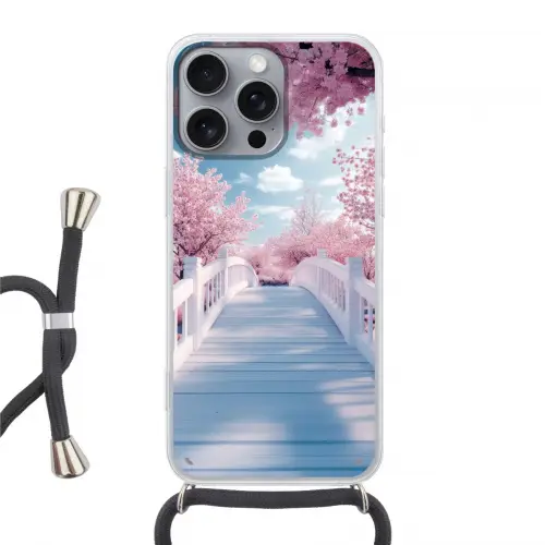 Brug - Kersenbomen - Wit Hoesje iPhone 16 Pro Max met koord klein -3d