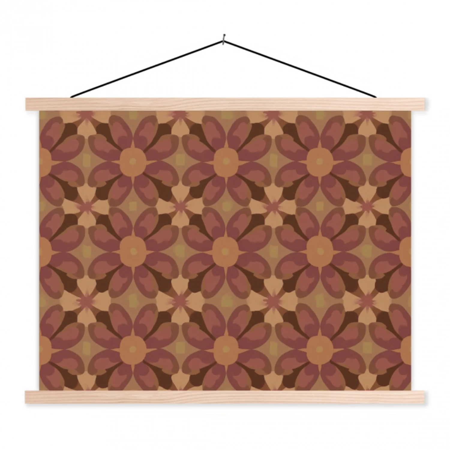 Retro - Bloemen - Bruin textielposter latten blank klein 122 -3d