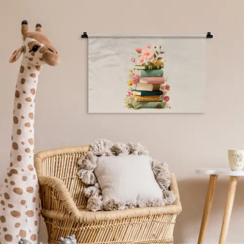 Boeken - Stapel - Bloemen - Kleurrijk Wandkleed katoen klein -wsfeer5_kind
