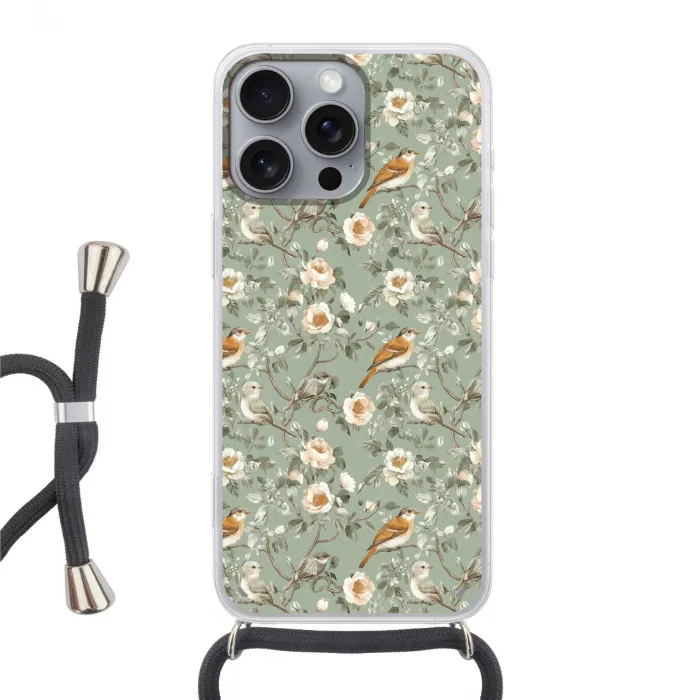 Roze - Vogels - Kleurrijk Hoesje iPhone 16 Pro Max met koord klein 804 -3d