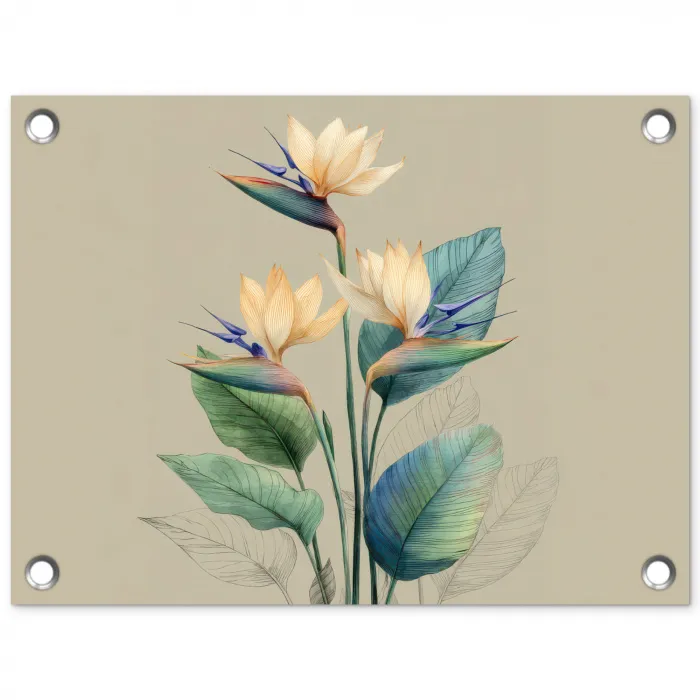 Paradijsvogelbloemen - Blauwgroene bladeren - Beige tuinposter los doek klein -3d