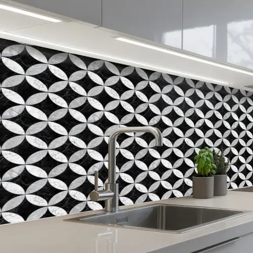 Cirkel - Tegels - Marmer - Zwart - Wit keuken achterwand 2 middel 871 -3d_schuin