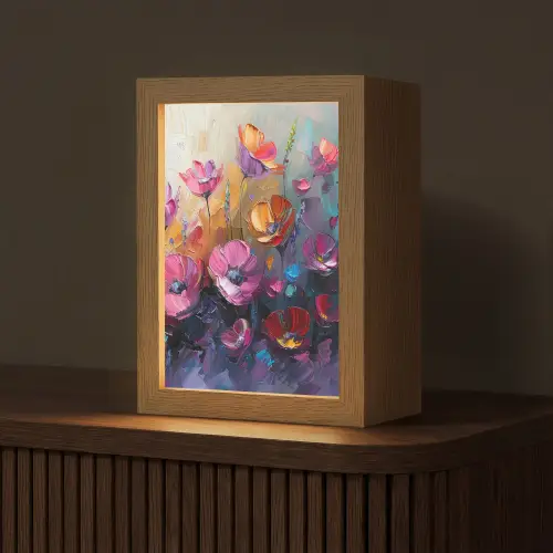 Bloemen - Paars - Kleurrijk - Handgeschilderd - Kunst Light Box met kabel (Tafellamp) klein -z3d_website