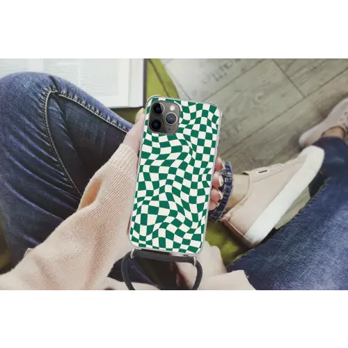 Golvende vakjes - Groen - Wit - Abstract Hoesje iPhone 12 Pro met koord klein -hand