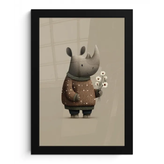 Neushoorn - Witte bloemen - Lief fotolijst zwart zonder passe partout klein -3d