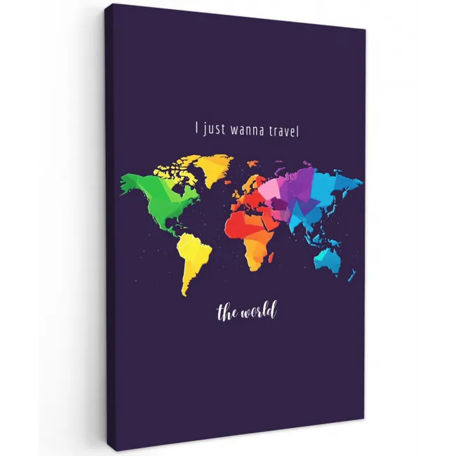 Kleurrijk - Wereldkaart - Travel - Quote Tuinposter op houten frame 2 cm dik middel -3d