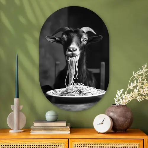 Geit - Bord - Spaghetti - Zwart Wit Wandcirkel Ovaal Glas middel -sfeer2
