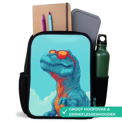 T-Rex - Blauw - Wolken - Zonnebril Rugzak - Zwart middel -inhoud_NL