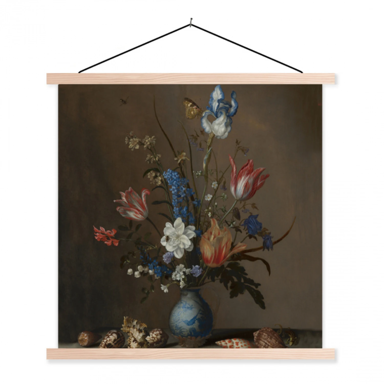 Bloemen in een Wan-Li vaas en schelpen - Schilderij van Balthasar van der Ast textielposter latten blank klein -3d