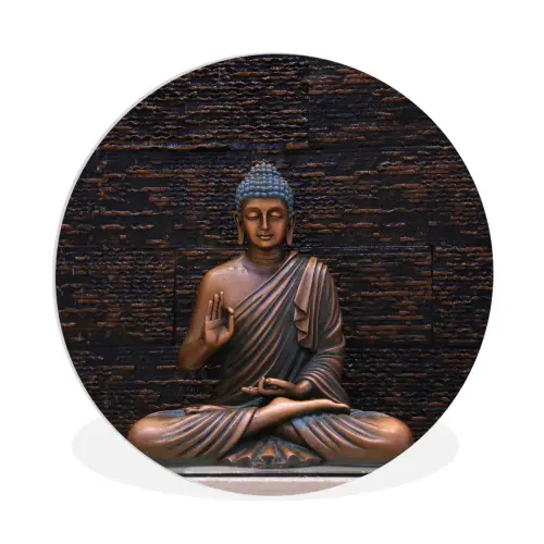 Boeddha - Buddha beeld - Bruin - Spiritueel - Meditatie Wandcirkel kunststof plaat 5mm dik klein -3d