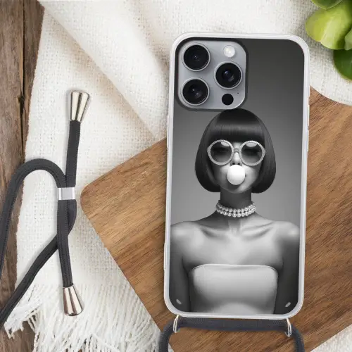 Vrouw - Zwart Wit - Ketting - Zonnebril Hoesje iPhone 16 Pro Max met koord klein -sfeer4