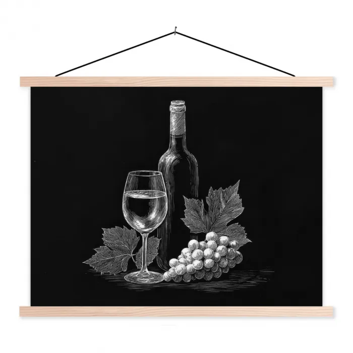 Wijnfles - Glas - Druiven - Bladeren textielposter latten blank klein -3d
