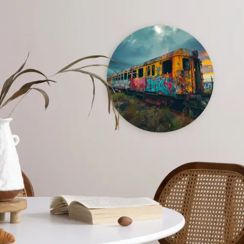 Graffiti - Trein - Street art - Verlaten Wandcirkel kunststof plaat 5mm dik klein -sfeer4