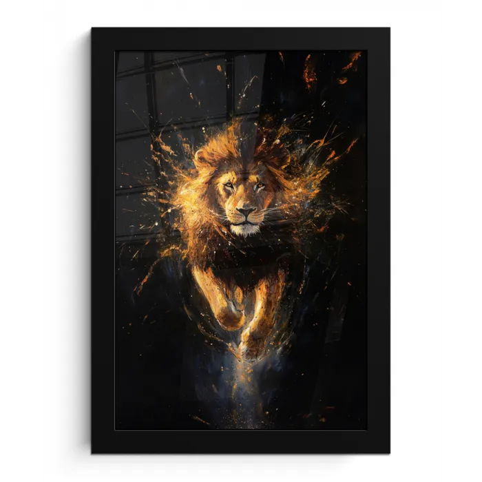 Leeuw - Zwart - Oranje - Verf fotolijst zwart zonder passe partout klein -3d