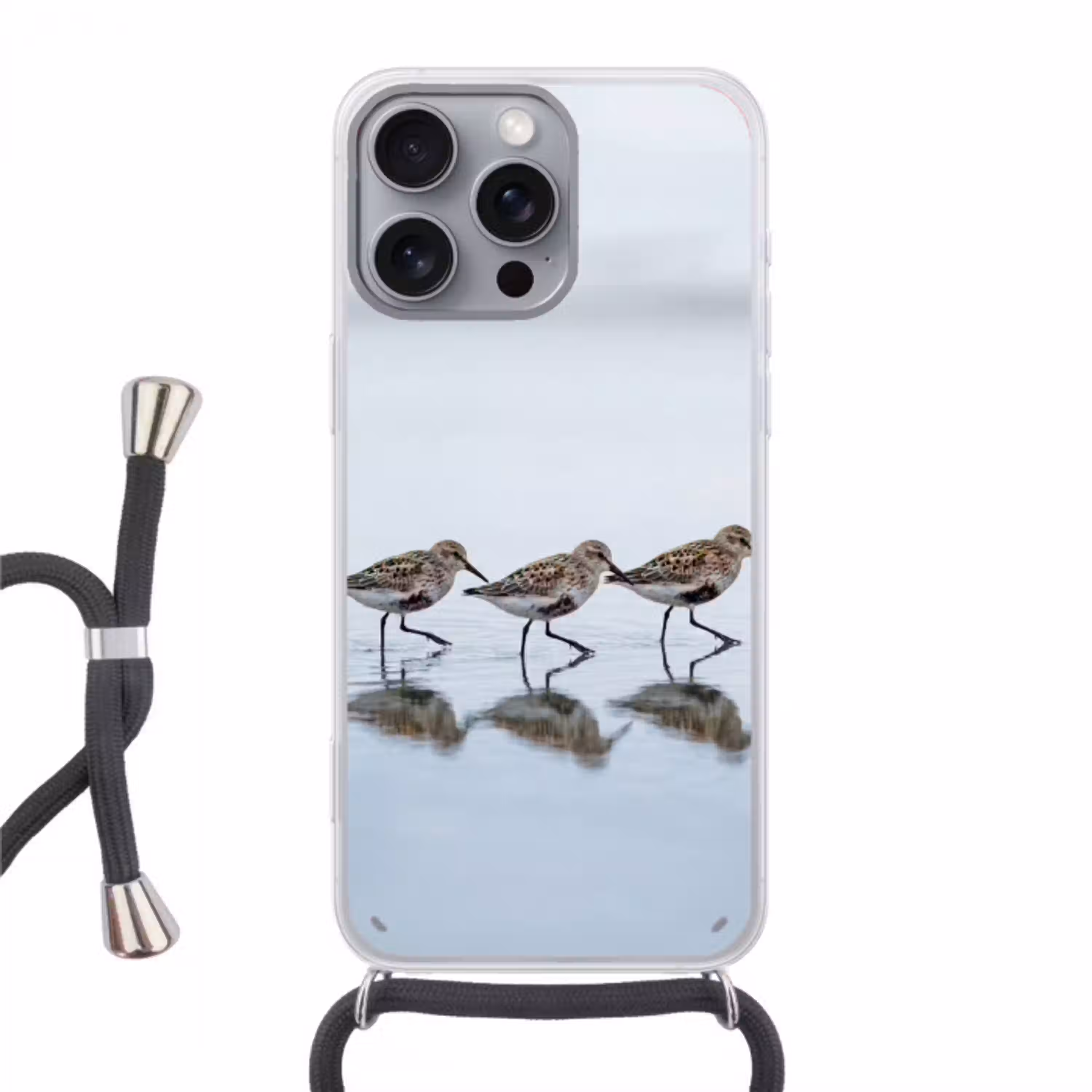 Vogels - Water - Grijs Hoesje iPhone 16 Pro Max met koord klein -3d