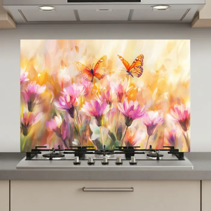 Vlinders - Oranje - Bloemen keuken achterwand spatscherm klein -3d_website