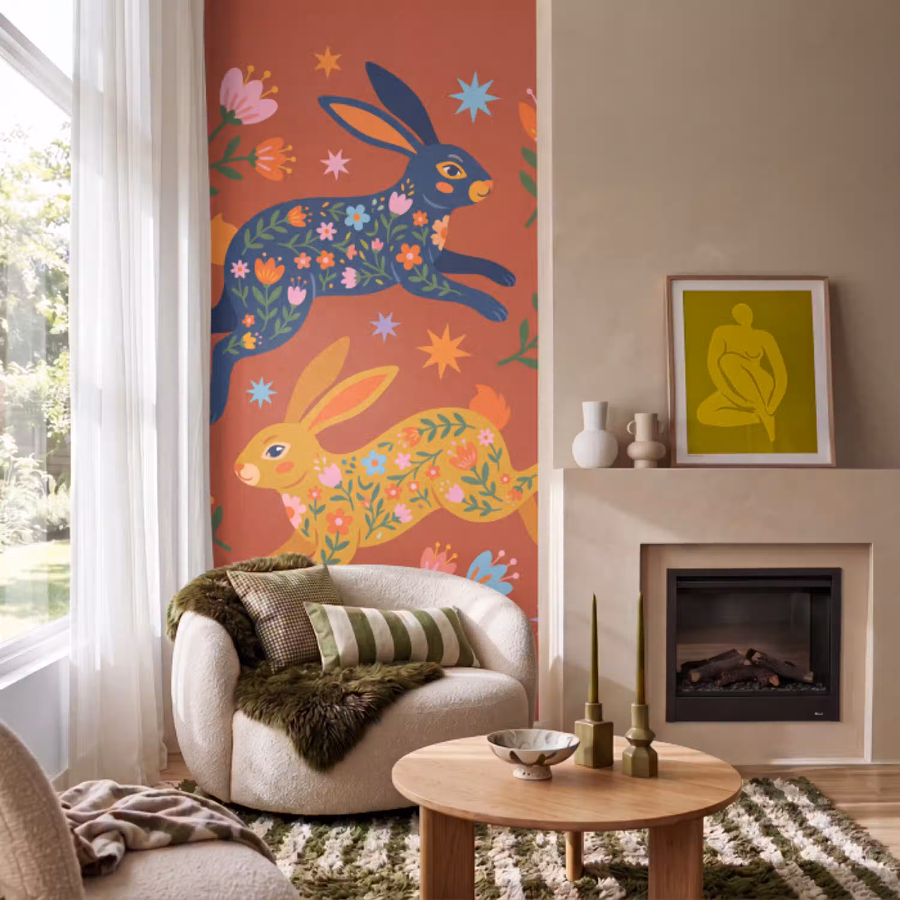 Konijn - Bloemen - Folk Art - Kleurrijk - Dieren Behang Vlies klein -sfeer2