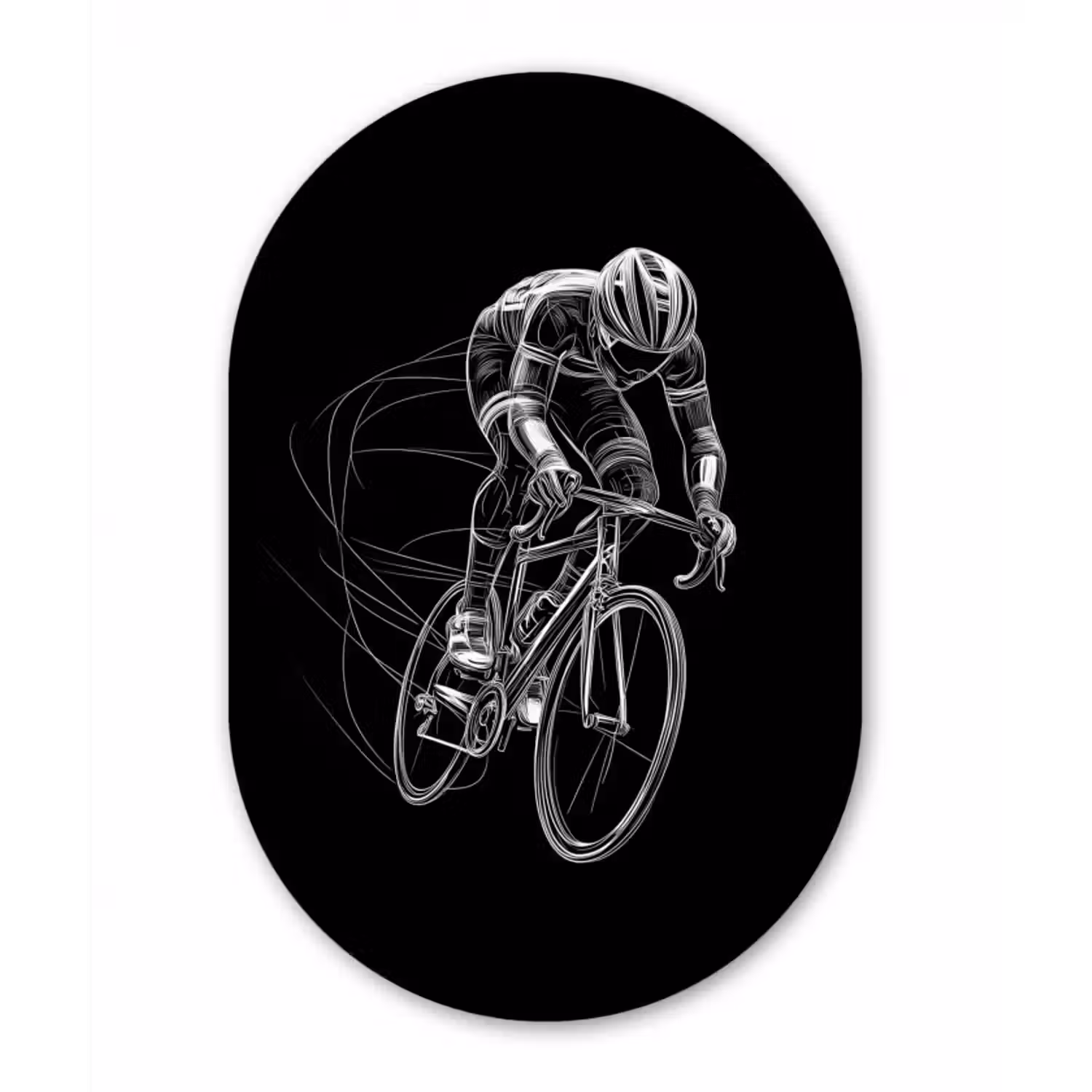 Glasbild Oval - Strichzeichnung - Weiß - Radfahren - Geschwindigkeit