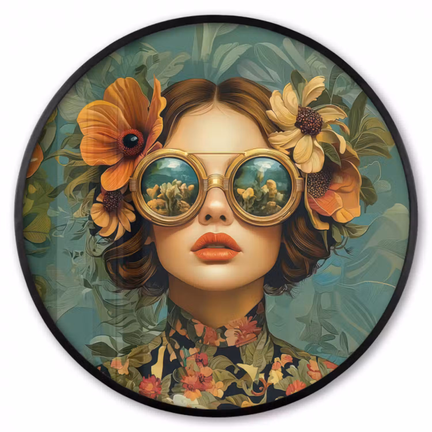 Poster im Rahmen Rund - Frau - Blumen - Schmetterlinge - Natur - Vintage