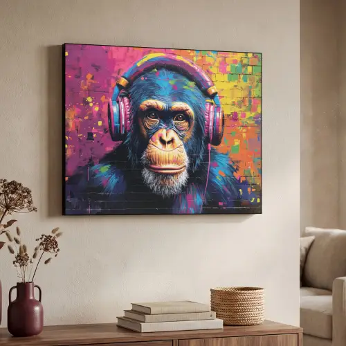 Graffiti - Chimpansee - Street art - Koptelefoon - Aap Textielframe zwart klein -sfeer3