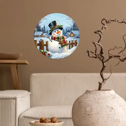 Sneeuwpop - Winterdorp - Kleurrijk Wandcirkel behangsticker klein -sfeer1