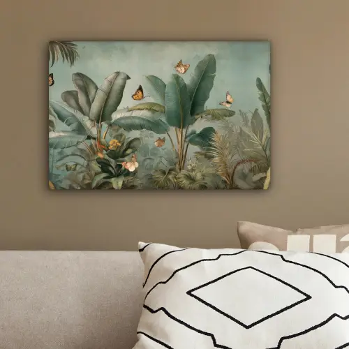 Tropisch bladerdek - Vlinders - groen - Bruin canvas 2cm klein -sfeer3